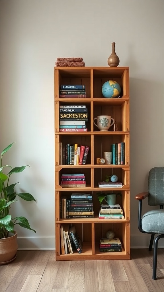 A repurposed wooden crate bookshelf displaying books and decorative items.