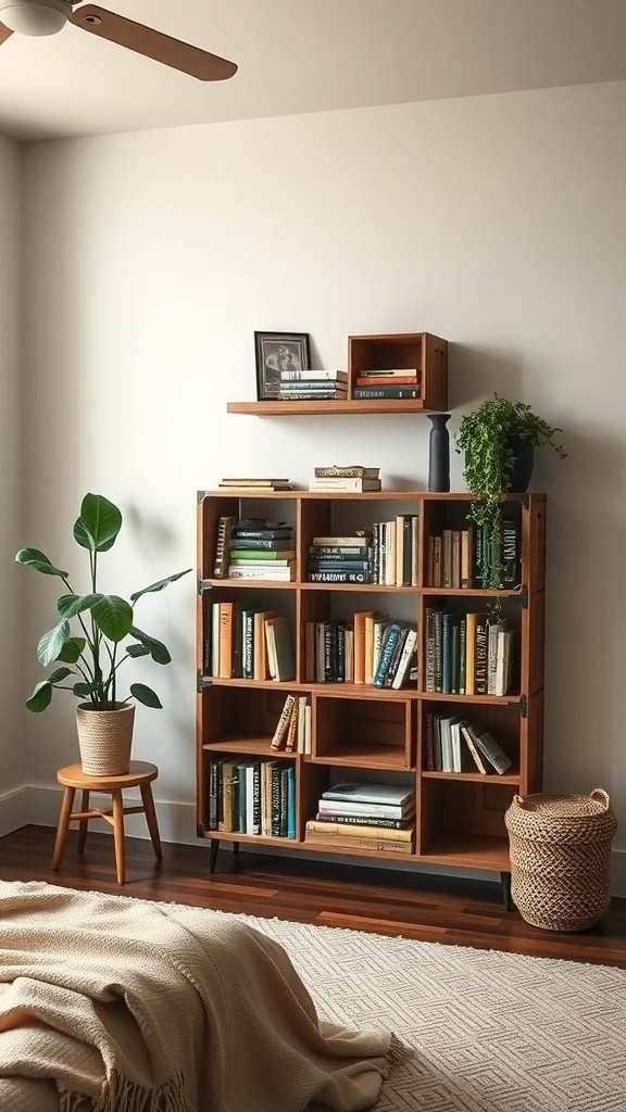 A cozy bedroom featuring a repurposed crate bookshelf filled with books and plants.