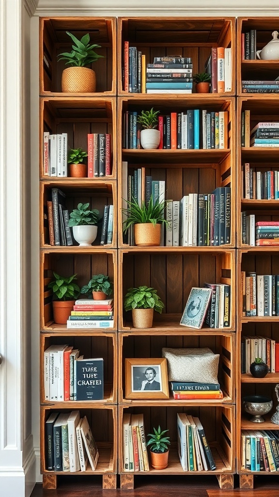 A bookshelf made of wooden crates filled with books and plants.