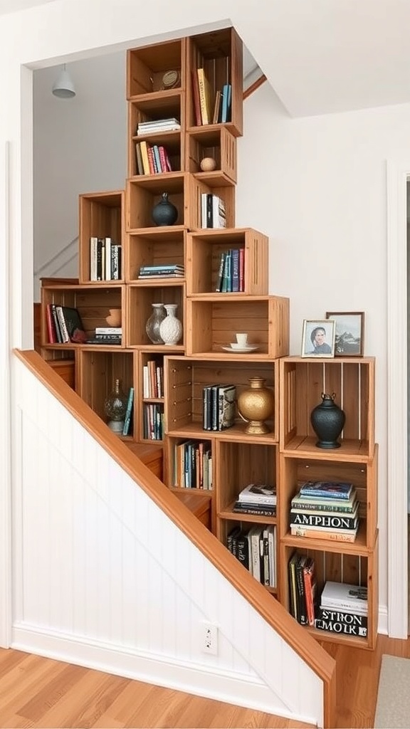 A staircase designed with wooden crates as bookshelves, filled with books and decorative items.
