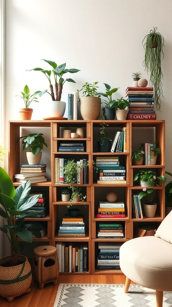 A rustic bookshelf made from repurposed wooden crates, filled with books and potted plants.