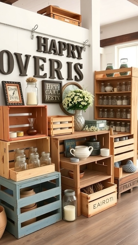 A cozy arrangement of wooden crates and jars, showcasing repurposed decor ideas in a rustic farmhouse style.