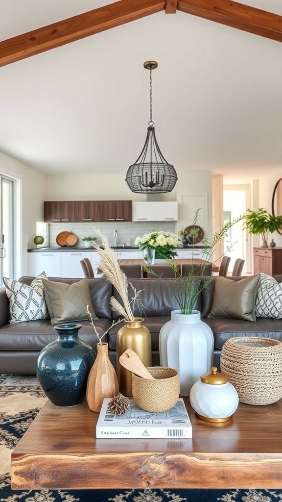 A stylish coffee table with various decorative accessories including vases, bowls, and a woven basket.