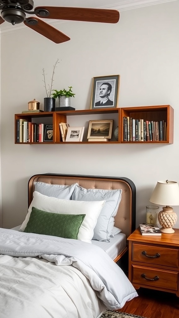 A cozy bedroom featuring repurposed furniture as bookshelves above the bed, showcasing books and decorative items.