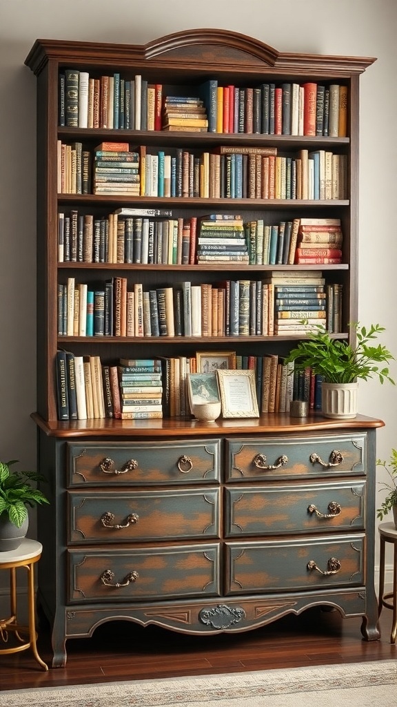 A repurposed dresser turned into a bookshelf, filled with books and decorative items.