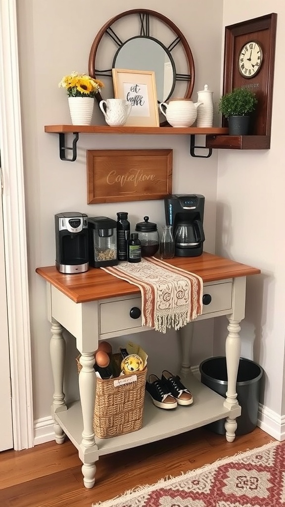 A cozy coffee bar setup featuring a repurposed table with a wooden top, decorative items on a shelf, and a basket for storage.