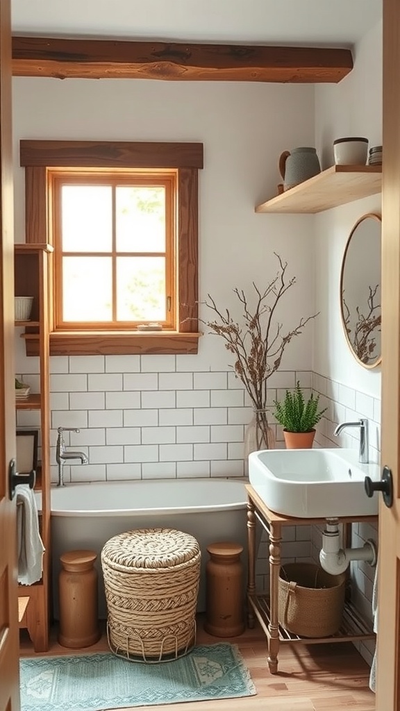 A rustic bathroom with a wooden shelf, woven basket, and plants.
