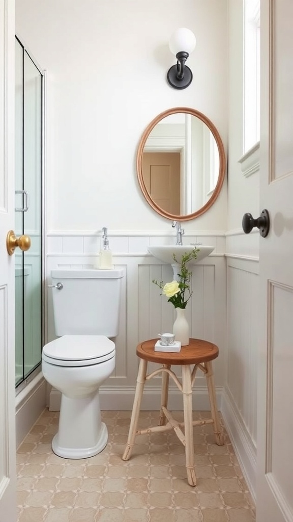 Small bathroom featuring a wooden stool as a side table with a vase of flowers.