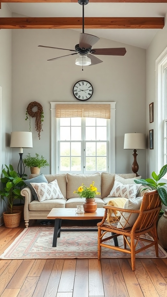 Cozy living room featuring a neutral couch, rattan chair, wooden coffee table, and potted plants