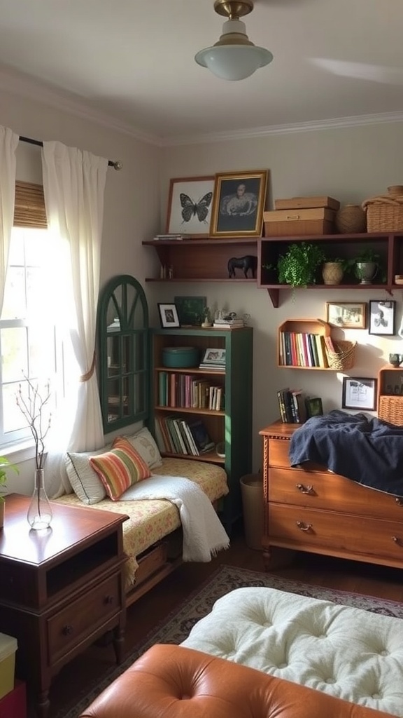 A cozy bedroom with a bed by a large window, a wooden dresser, a woven basket, and plants.