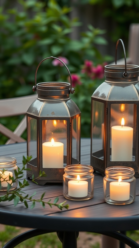 A collection of glass jar lanterns with candles on a table, surrounded by greenery.