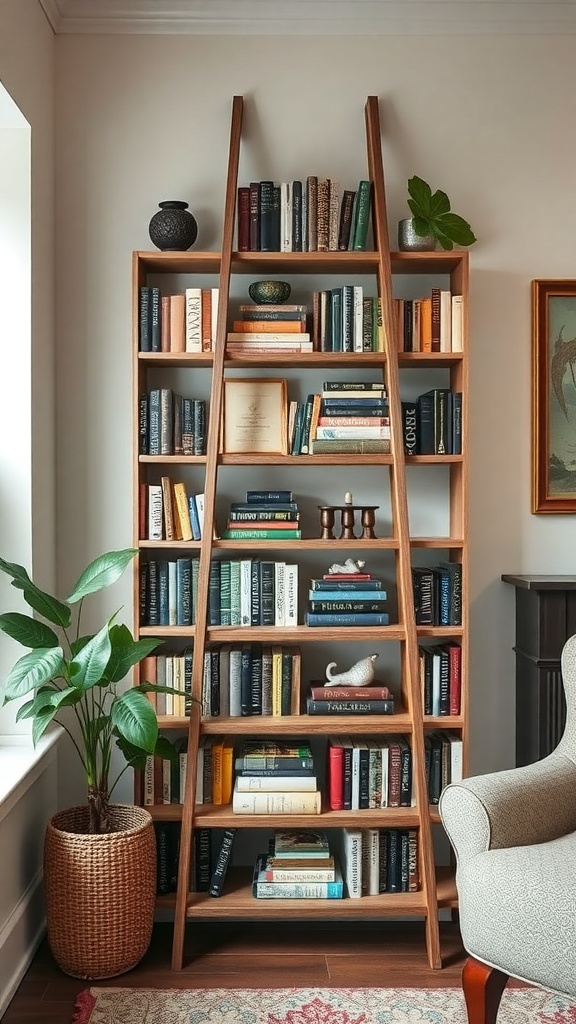 A stylish ladder bookshelf filled with books and decorative items, showcasing a cozy reading corner.
