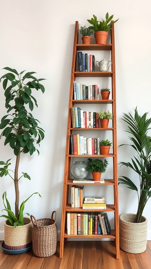 A wooden ladder bookshelf displaying books and plants, leaning against a white wall.