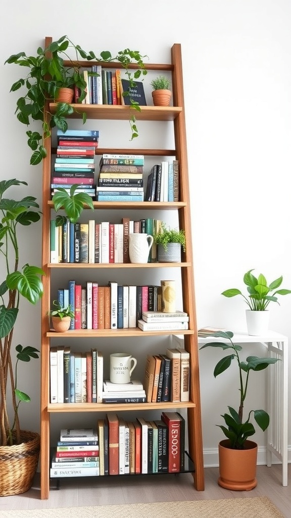 A wooden ladder bookshelf filled with books and plants.