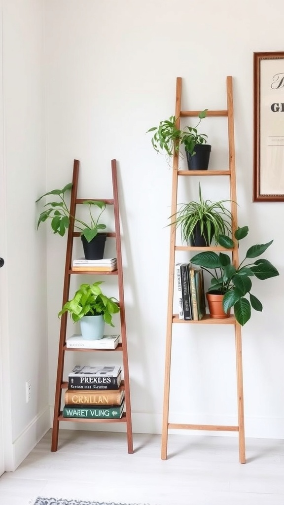 Two wooden ladders displaying plants and books in a bright room.