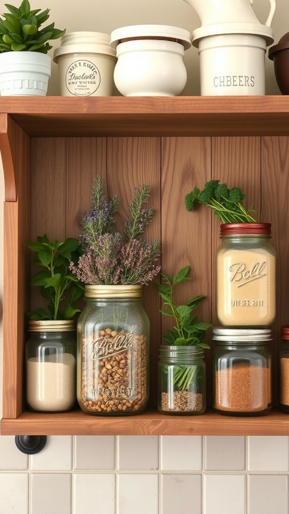 A wooden shelf displaying various mason jars filled with herbs, spices, and other kitchen items.
