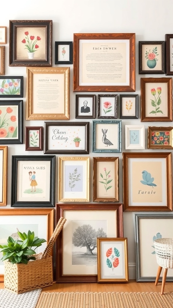 A wall decorated with various repurposed old frames showcasing different artworks and prints.