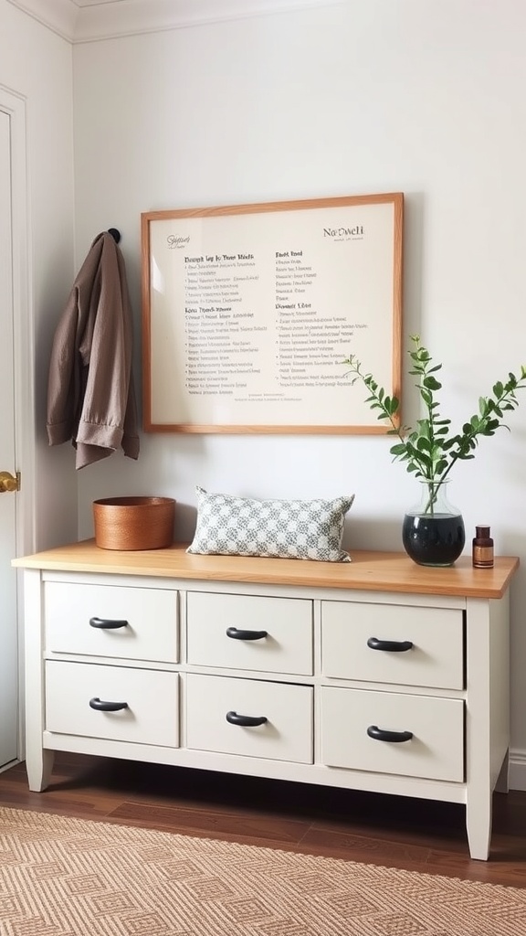 A stylish repurposed furniture piece with a wooden top and drawers, decorated with a plant and a decorative pillow.