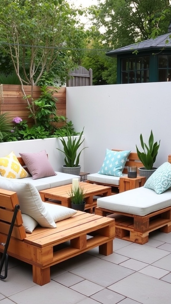 A minimalist patio featuring repurposed pallet seating with colorful cushions and surrounding greenery.