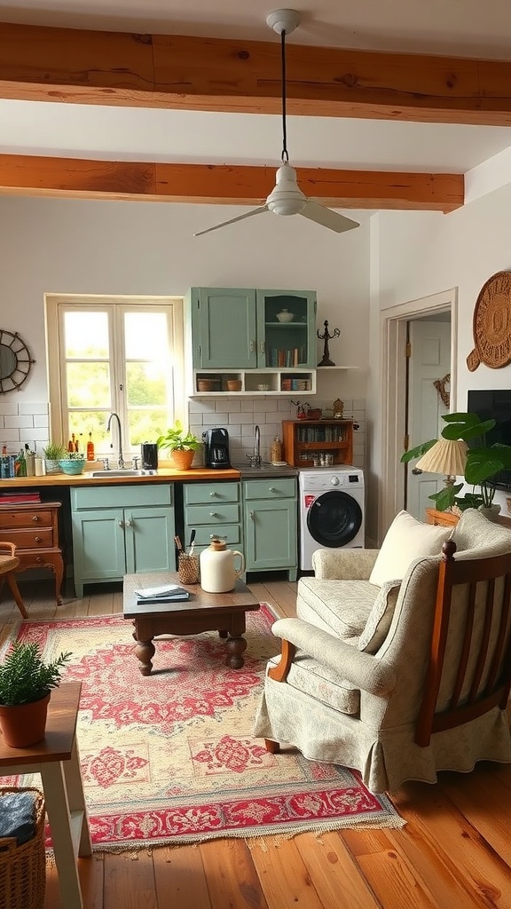 A cozy living space featuring repurposed vintage furniture, including a light-colored armchair and a rustic coffee table.