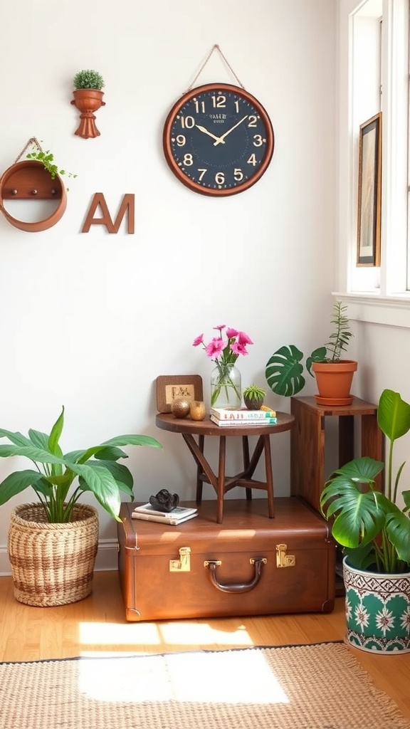 A cozy corner featuring a vintage clock, plants, and a suitcase used as a table.