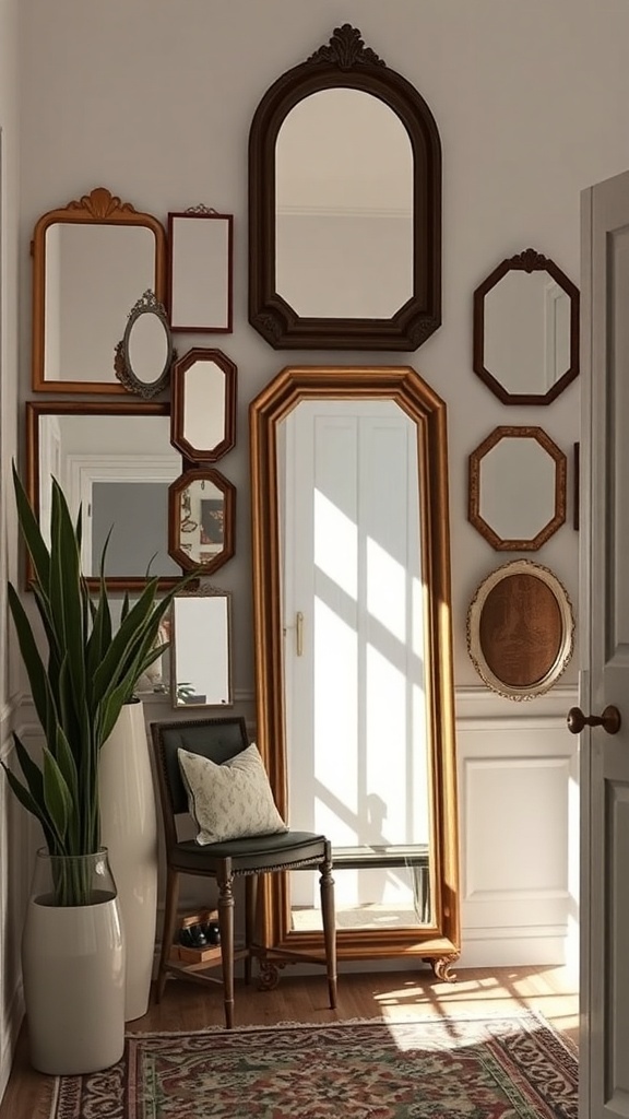 A collection of vintage mirrors in various shapes and sizes arranged on a wall, accompanied by a plant and a chair.
