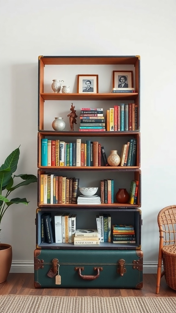 A bookshelf made from stacked vintage suitcases filled with books and decorative items.