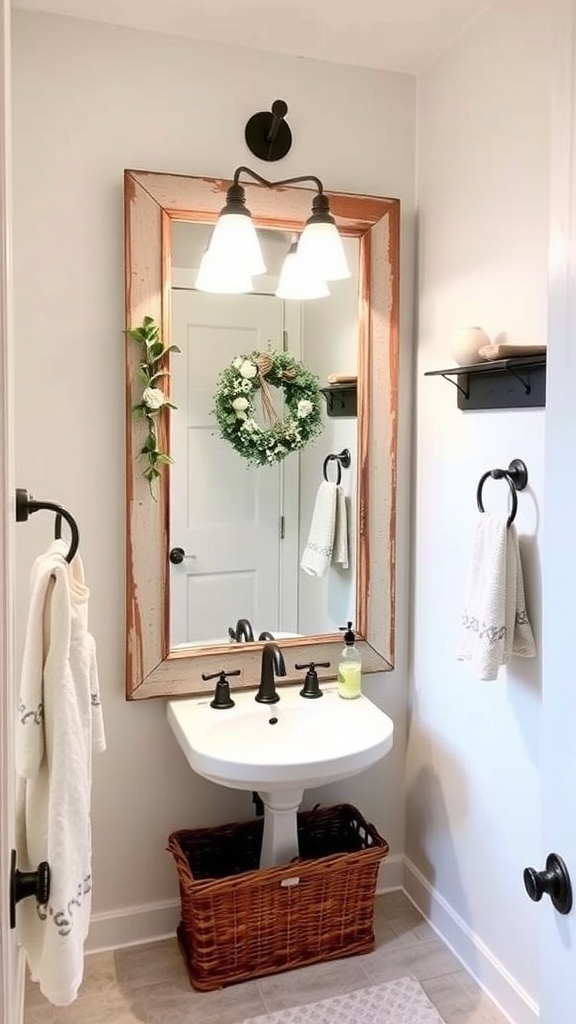 A rustic mirror made from a repurposed window frame, placed above a sink with a wreath decoration.