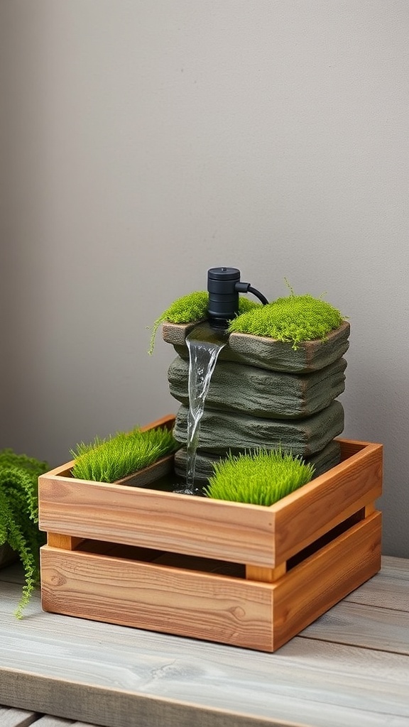 A repurposed wooden crate fountain with faux grass and a stone-like water feature.