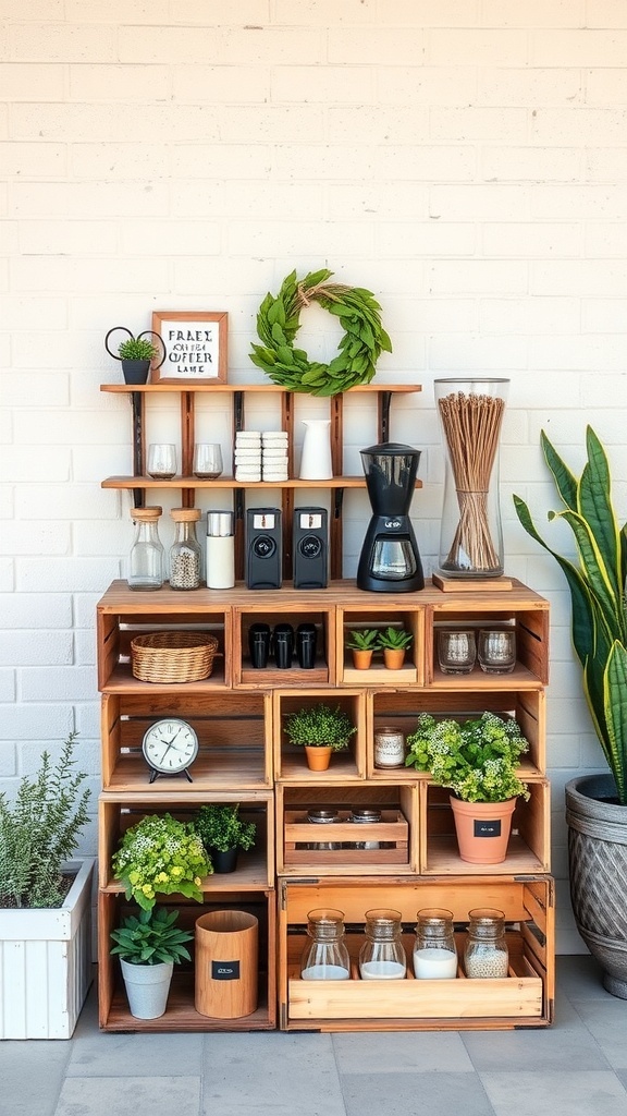 A stylish outdoor coffee bar featuring repurposed wooden crates for storage, plants, and coffee supplies.