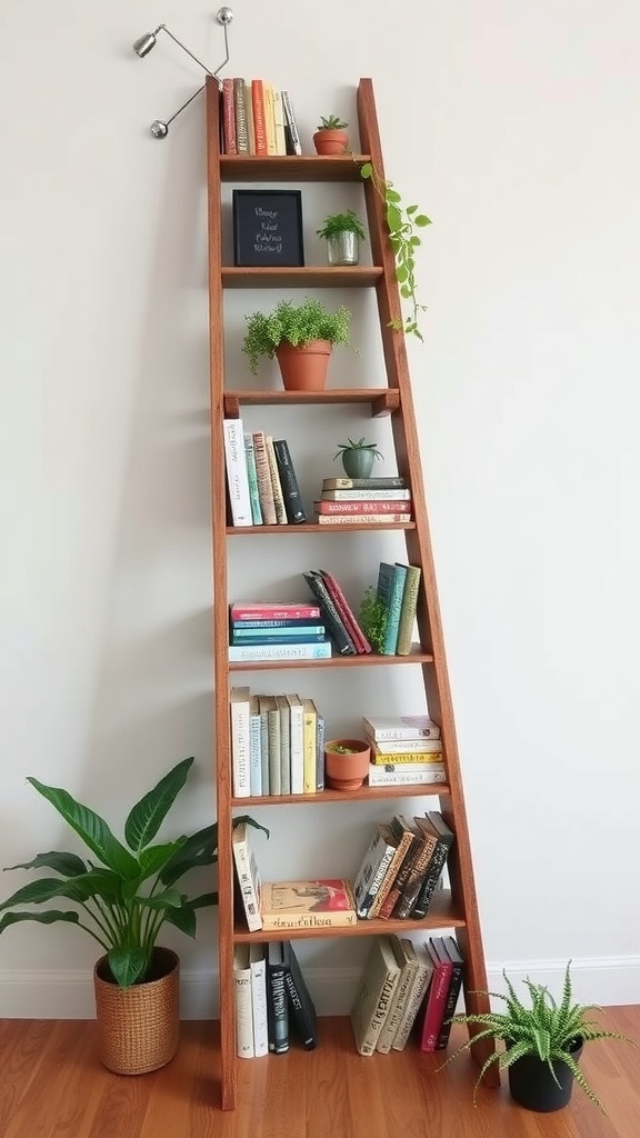 A wooden ladder repurposed as a bookshelf, displaying books and plants.