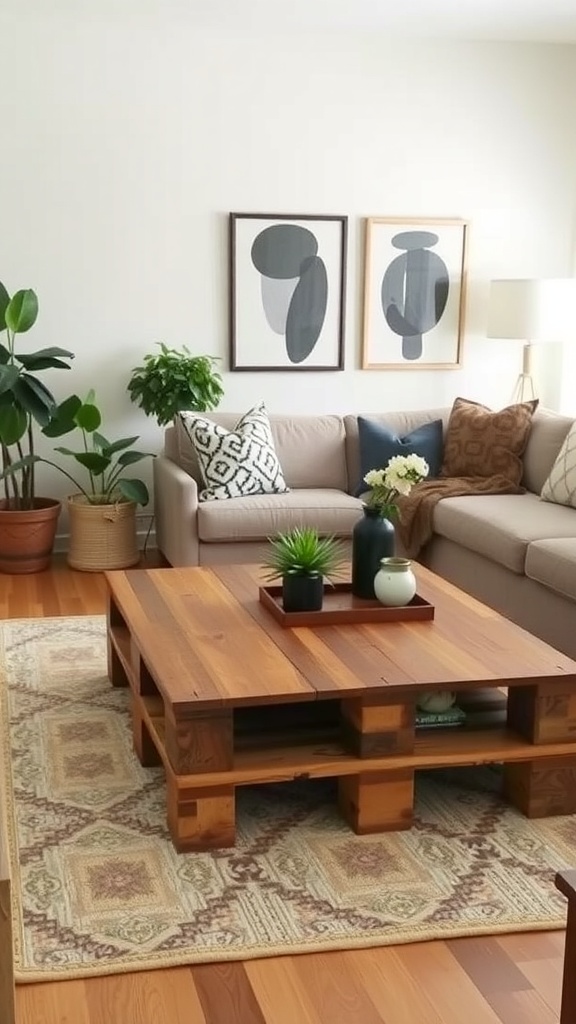 A cozy living room featuring a wooden pallet coffee table, a beige sofa with patterned cushions, and decorative plants.