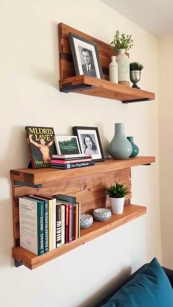 A wooden pallet shelf mounted on a wall, displaying books, decorative items, and a plant.