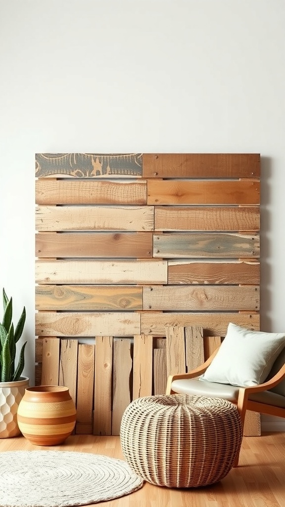A cozy living space featuring a wooden pallet wall art, a chair, a round woven pouf, and decorative pots.