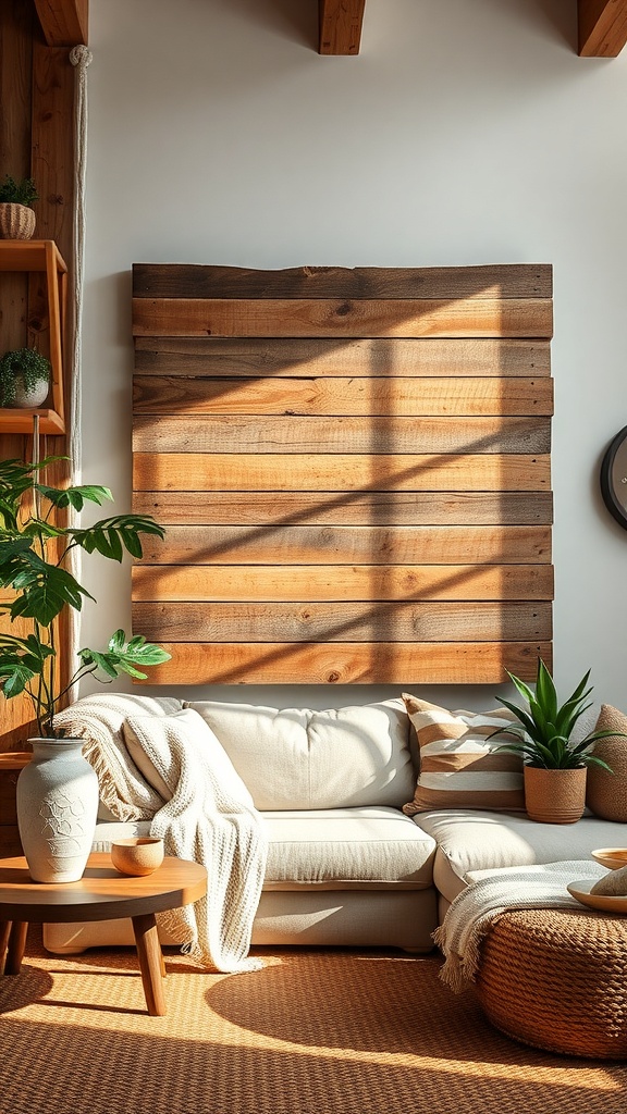 A cozy living room featuring repurposed wooden pallet wall art.
