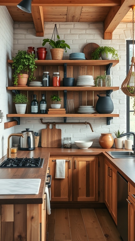 Open shelving made from repurposed wooden pallets, featuring plants and kitchenware.