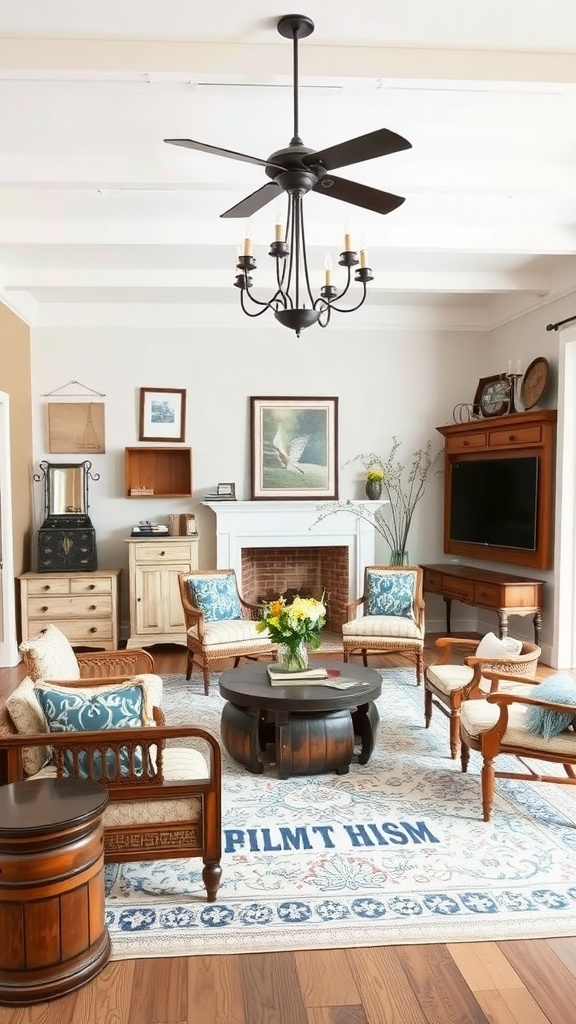 A cozy living room featuring antique furniture and modern decor, showcasing a blend of vintage and contemporary styles.