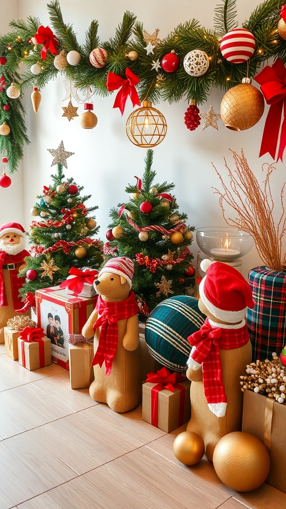 A festive holiday decoration setup featuring small Christmas trees, teddy bear figures, and a garland with ornaments.