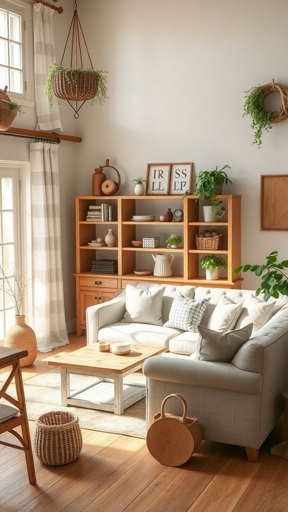 Cozy living room with repurposed furniture and natural decor elements