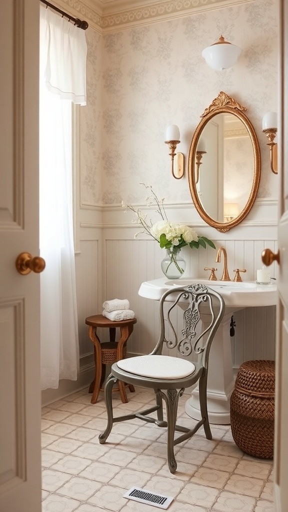 A cozy bathroom featuring a vintage chair, a small stool, and elegant decor.