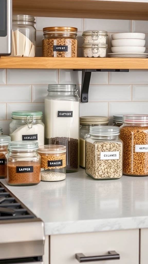 A bright kitchen countertop featuring various glass jars filled with snacks and sauces, showcasing budget home décor hacks.