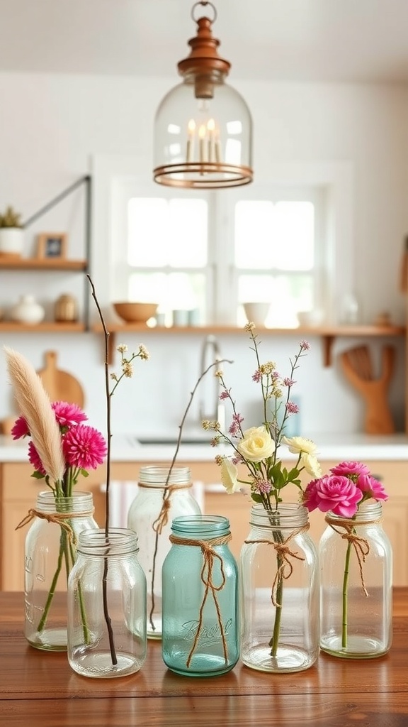 A collection of mason jars with flowers and twigs, tied with twine, on a wooden table.