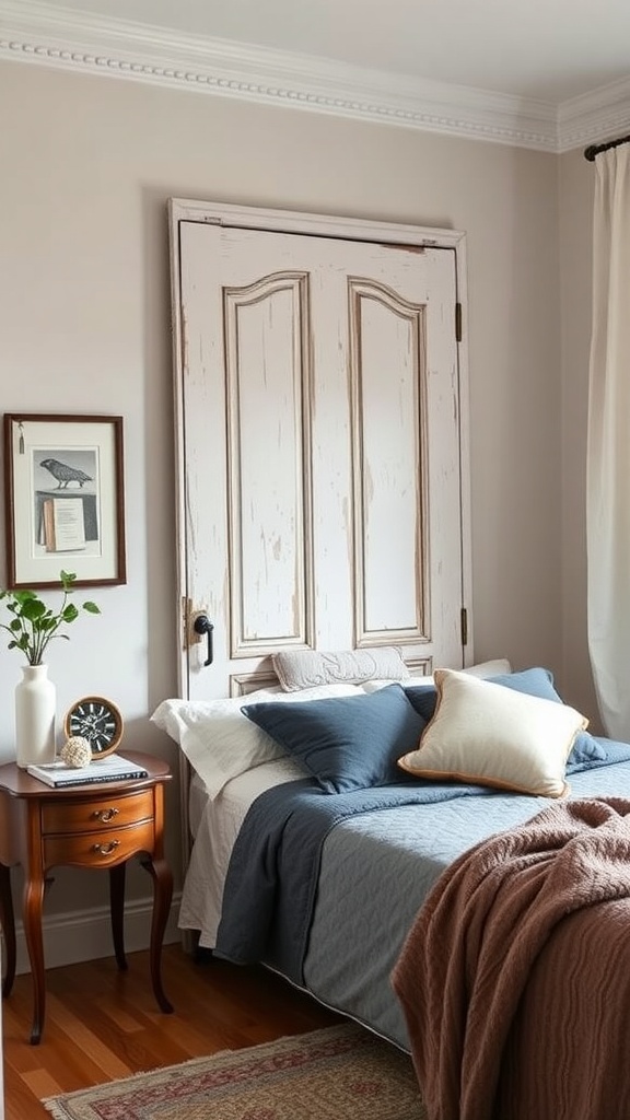 A repurposed old door used as a headboard in a cozy bedroom.