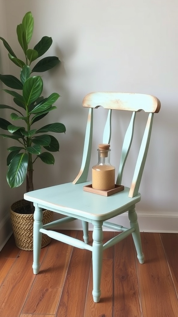 A repurposed mint green chair with a wooden base and a glass bottle on top, next to a potted plant.