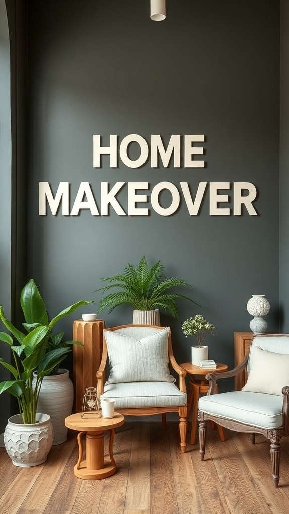 A stylish home corner featuring repurposed furniture and plants, with the words 'HOME MAKEOVER' on the wall.