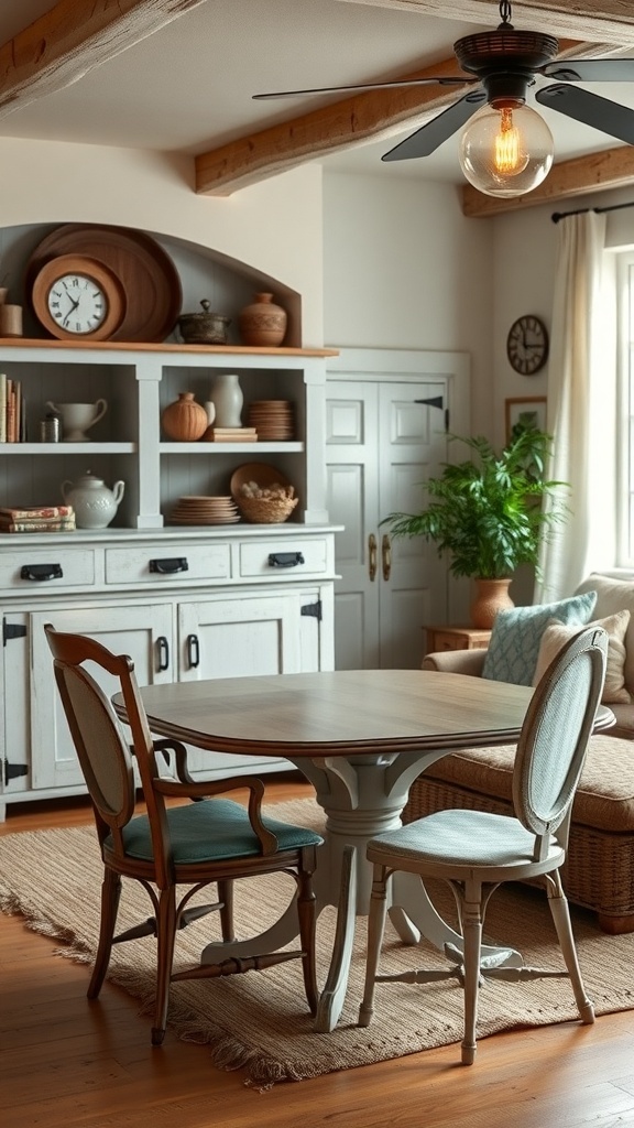 Cozy living room with vintage furniture including a chair and a wooden table