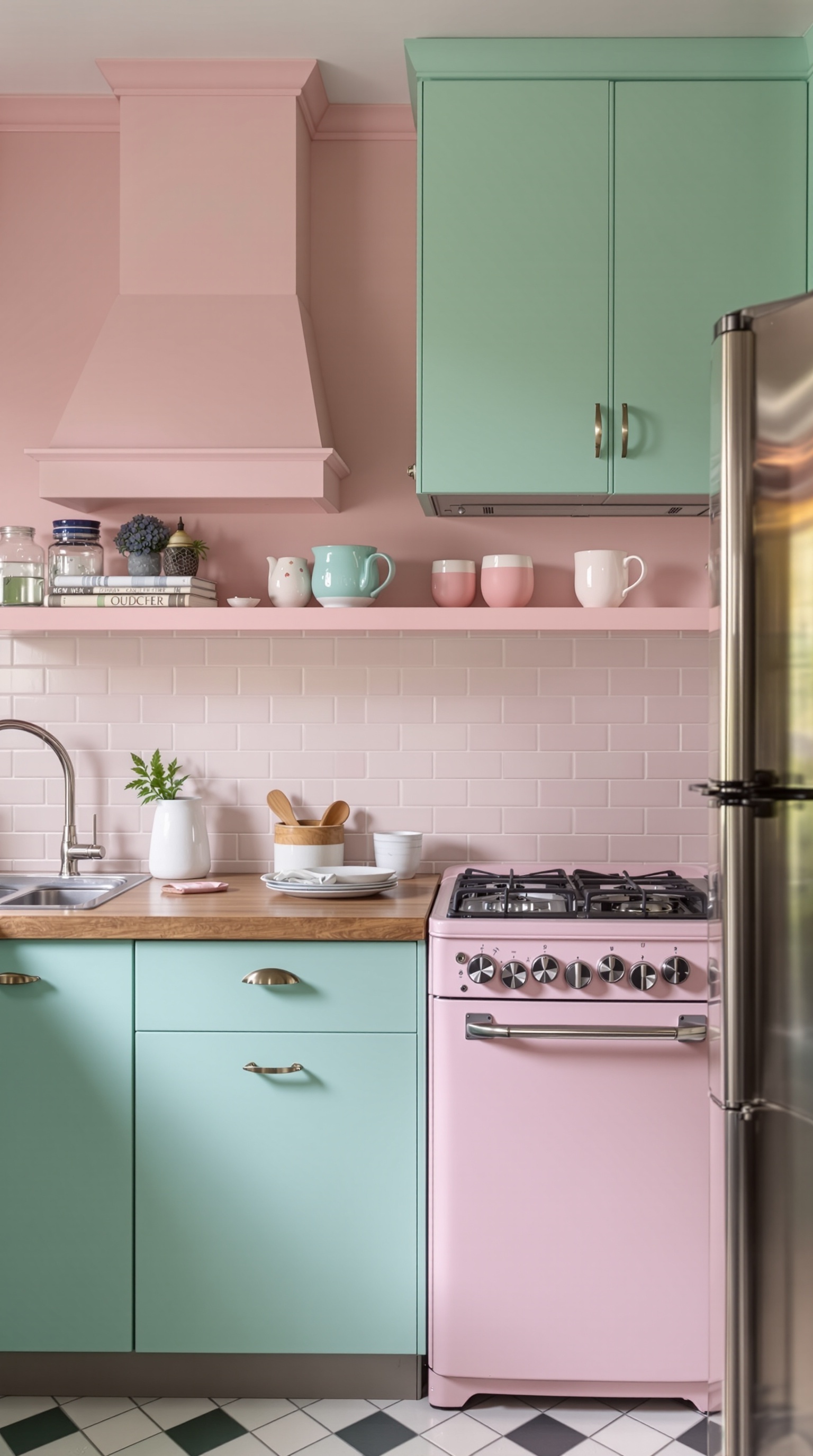 Eine Küche mit mintgrünen und rosa Akzenten, die Retro-Design und Gemütlichkeit ausstrahlt.