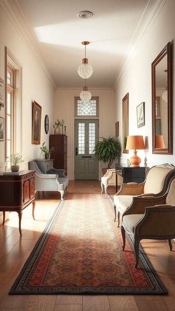Ein stilvoller Retro-Flur mit Vintage-Möbeln, einem eleganten Teppich und warmem Licht.