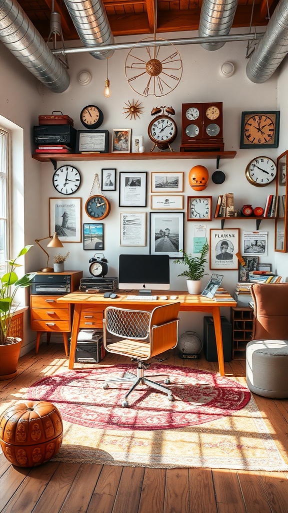 A cozy workspace featuring retro-inspired accessories, including vintage clocks, framed photos, and a warm wooden desk.