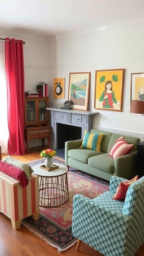 A cozy living room featuring retro-inspired textiles with colorful furniture and artwork.